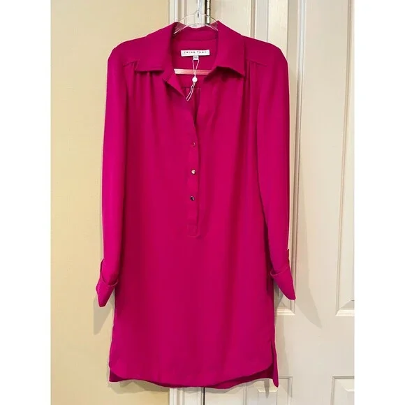 Trina Turk 188013 Womens Long Sleeve Hi-Low Shirt Dress Le Vin